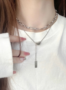 双层叠戴D字母钛钢毛衣项链女ins小众设计感锁骨链简约冷淡风配饰