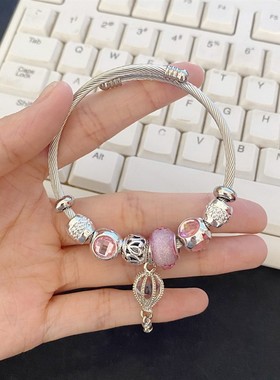 潘家多啦手链欧美跨境DIY串珠手镯女不锈钢钛钢手环百搭轻奢手饰