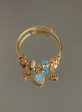 跨境热销潘家不锈钢手镯女潮时尚甜美高级感水钻爱心挂件串珠手链