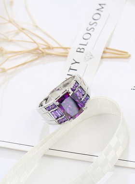 方形指环欧美手饰时尚气质优雅紫色锆石戒指女婚庆轻奢饰品个性