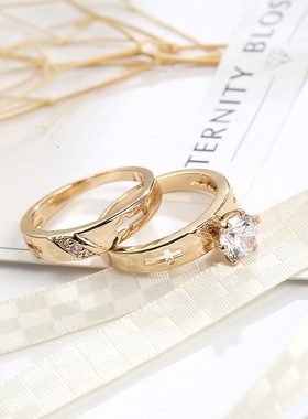 欧美简约锆石十字架情侣戒指