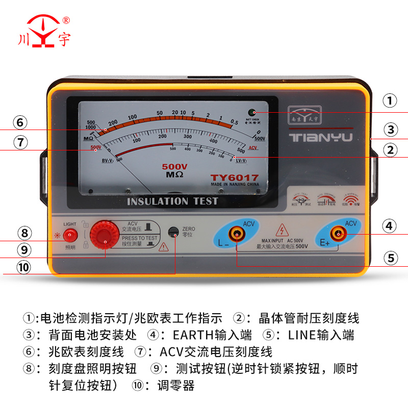 天宇TY6017\6018\6045指针式绝缘电阻测试仪摇表兆欧表漏电检测