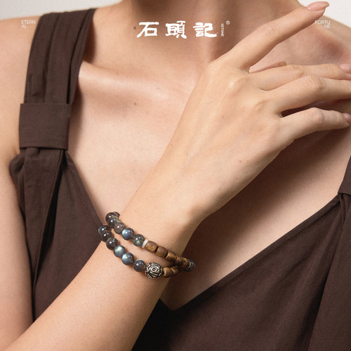 iSTONE/石头记天然灰月光沉香手串双圈转运珠六字箴言新中式手链 - 图0