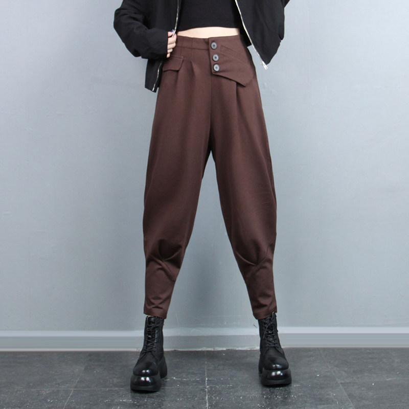 时尚小脚哈伦裤女2025年春季新品不对称拼接束脚裤灯笼裤黑裤子潮,淘宝优惠券,粉丝福利购,淘宝优惠卷