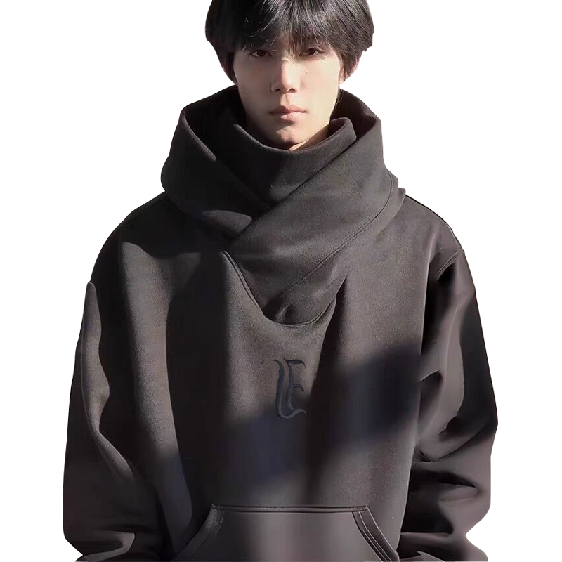 秋冬季美式i人社恐重磅卫衣连帽高领男女加绒加厚澜同款忍者帽衫 - 图3