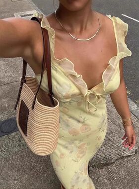 Summer Flower Printed Women's Sexy Low-cut Dress Sleeveless