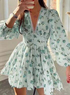Spring 2026 Women's Sweet Printed V-Neck Lace Short Dress Eu