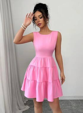 Elegant Women's Midi Dress Pure Color Waist-Cinching Sleevel