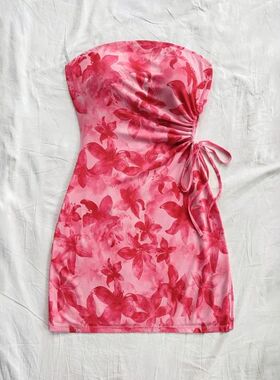 Women's 2025 Floral Print Tube Mini Dress Strapless Backless