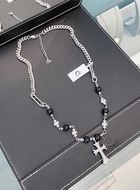 正品十字架黑色拼珠男女项链