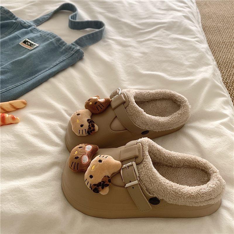 黑皮奶油kt~!防水eva可爱棉拖鞋女包头保暖加绒冬季厚底毛毛拖鞋 - 图2