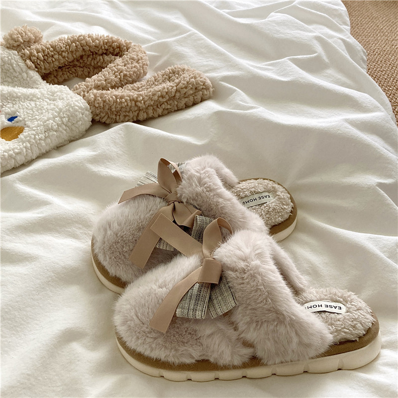 轻奢高级感~！蝴蝶结少女心厚底棉拖鞋女居家INS冬季防滑毛毛拖鞋,淘宝优惠券,粉丝福利购,淘宝优惠卷