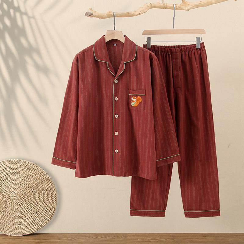 日系春秋冬磨毛情侣睡衣长袖长裤全棉条纹松鼠绣花家居服套装开衫,淘宝优惠券,粉丝福利购,淘宝优惠卷