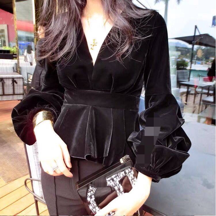 复古金丝绒T恤v领收腰显瘦荷叶边下摆灯笼袖设计感百搭上衣女大码,淘宝优惠券,粉丝福利购,淘宝优惠卷