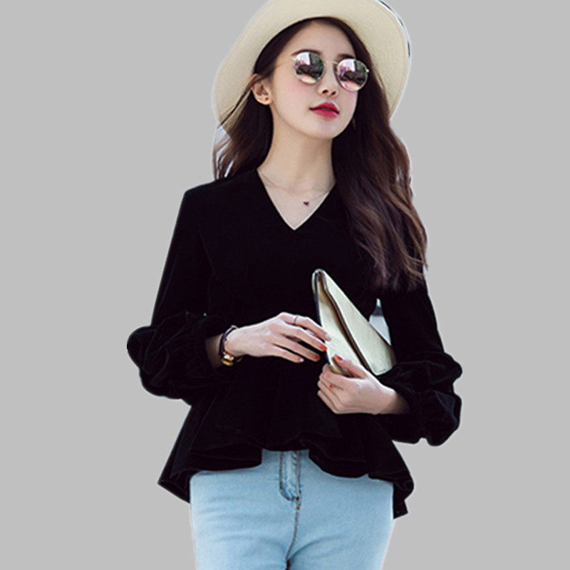 复古金丝绒T恤v领收腰显瘦荷叶边下摆灯笼袖设计感百搭上衣女大码,淘宝优惠券,粉丝福利购,淘宝优惠卷