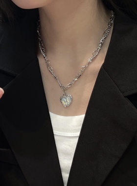 水晶透蓝爱心项链女ins冷淡风