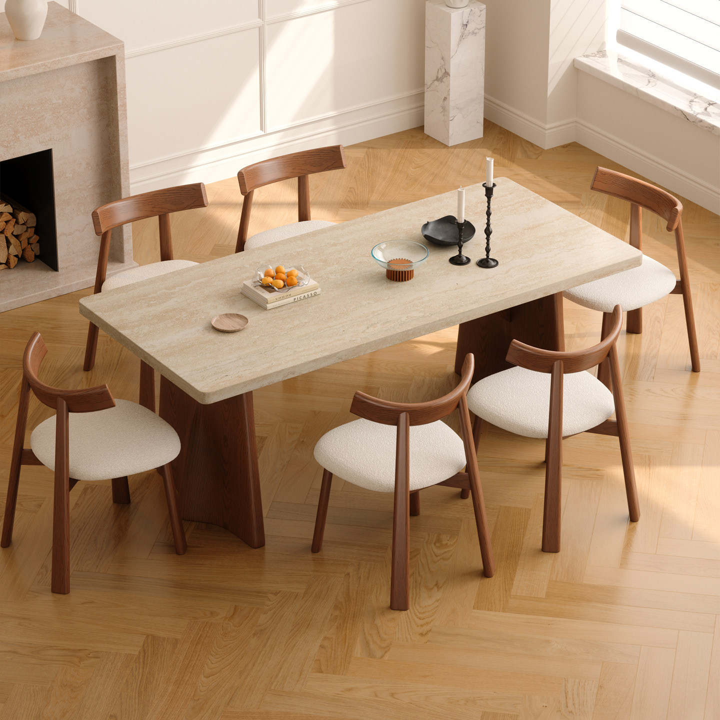 木小咖法式复古实木岩板餐桌长方形轻奢胡桃木色洞石下挂餐桌椅,淘宝优惠券,粉丝福利购,淘宝优惠卷