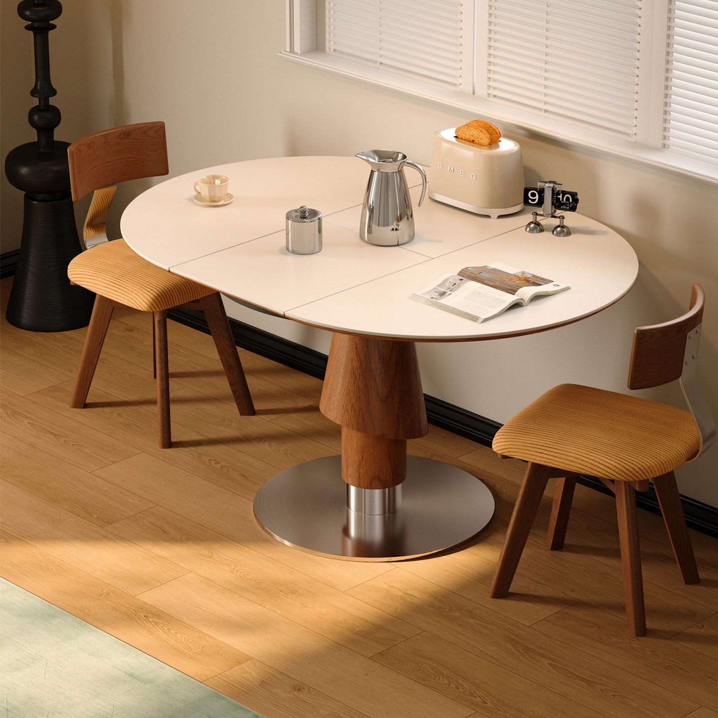 木小咖可伸缩简约家用小户型中古风折叠长桌可变圆桌洞石岩板餐桌,淘宝优惠券,粉丝福利购,淘宝优惠卷