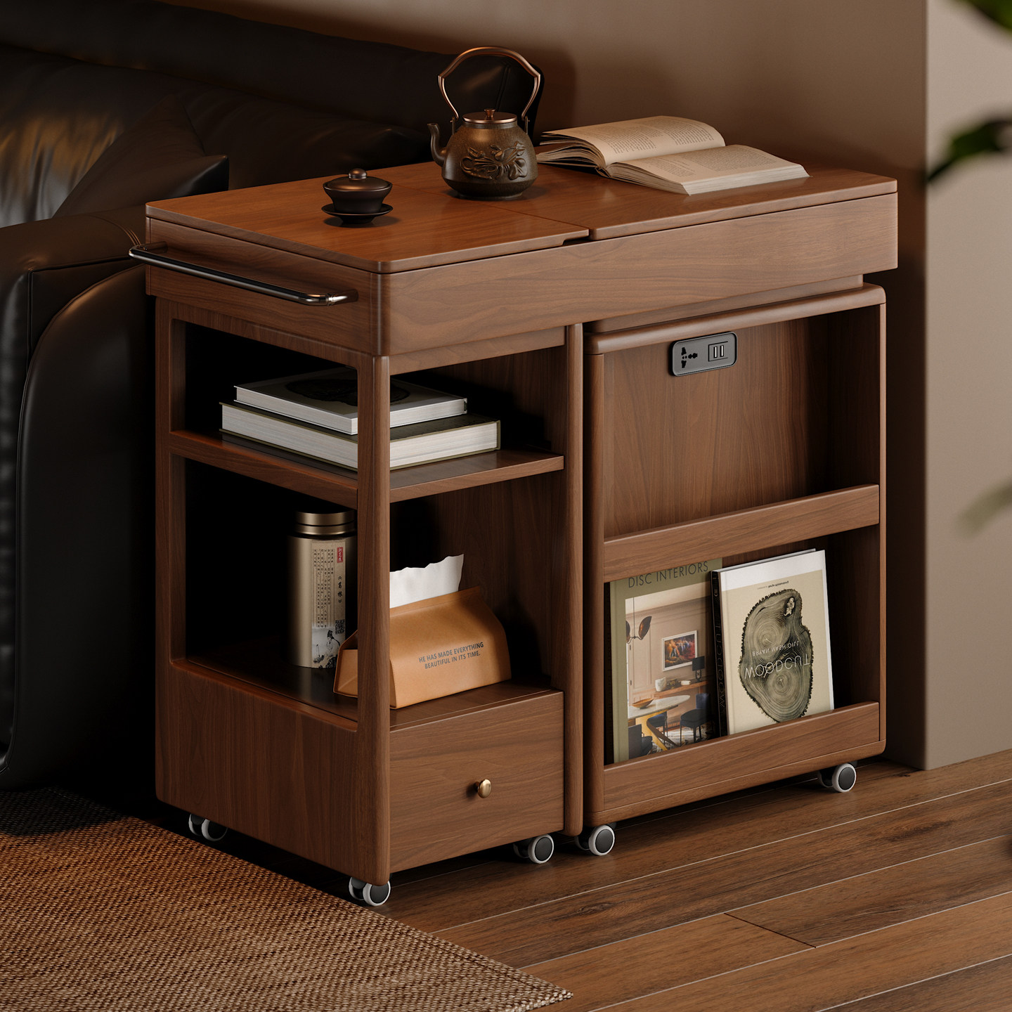 木小咖 居野实木边几伸缩小户型茶桌书桌一体带泡茶茶几移动边几,淘宝优惠券,粉丝福利购,淘宝优惠卷