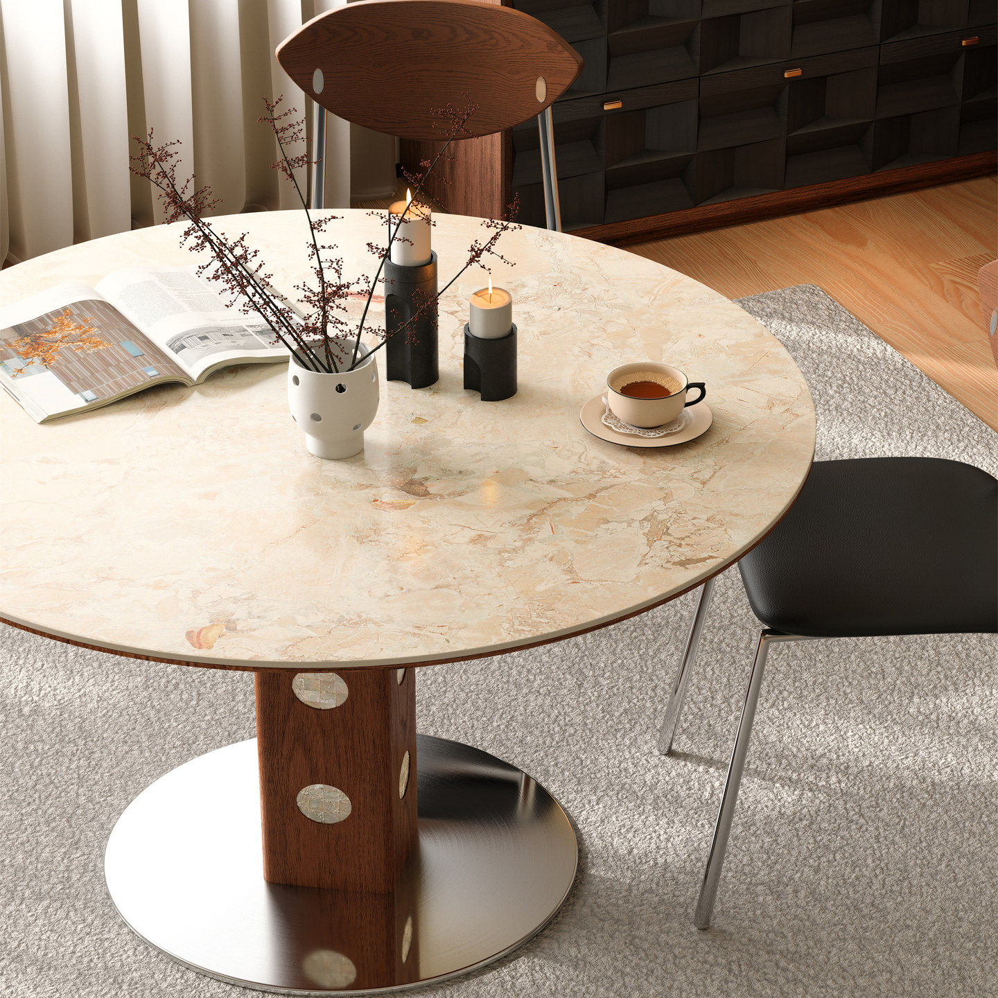 木小咖复古实木圆餐桌中古风洞石岩板胡桃色设计师款饭桌椅组合,淘宝优惠券,粉丝福利购,淘宝优惠卷