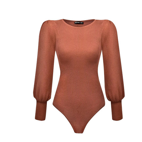 美式泡泡袖针织连体衣女春秋外穿勒阴性感修身显瘦连裆打底衫上衣 - 图2