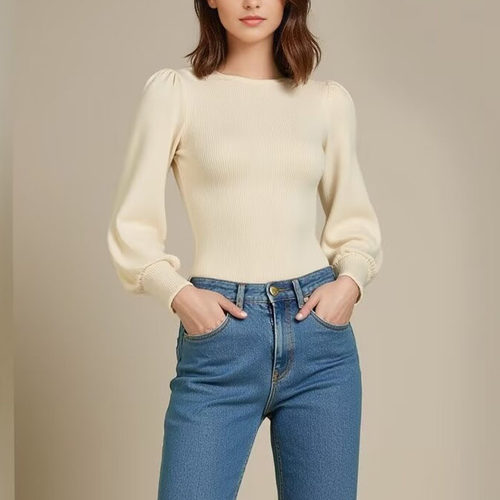 美式泡泡袖针织连体衣女春秋外穿勒阴性感修身显瘦连裆打底衫上衣 - 图0