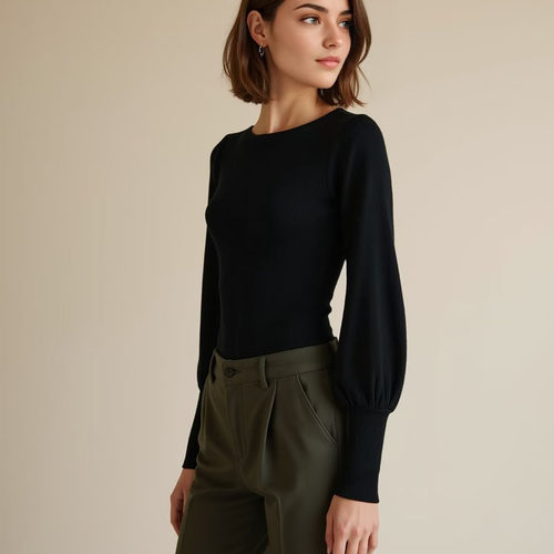 美式泡泡袖针织连体衣女春秋外穿勒阴性感修身显瘦连裆打底衫上衣 - 图1