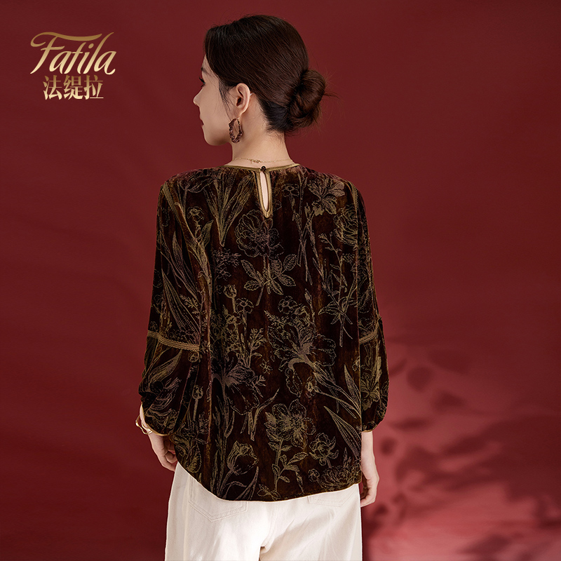 高端真丝丝绒上衣女长袖秋装新款洋气中老年妈妈装桑蚕丝洋气小衫 - 图1