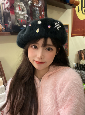 贝雷帽出游甜美可爱女冬毛绒保暖