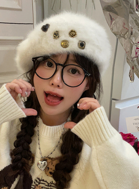 贝雷帽逛街优雅女复古白色兔毛