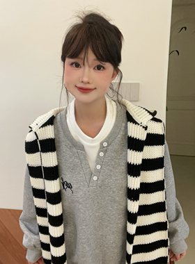 秋冬条纹针织连帽披肩卫衣外搭女