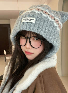 猫耳朵可爱费尔岛风毛线帽女秋冬