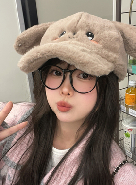 可爱毛绒兔子棒球帽加厚保暖冬天