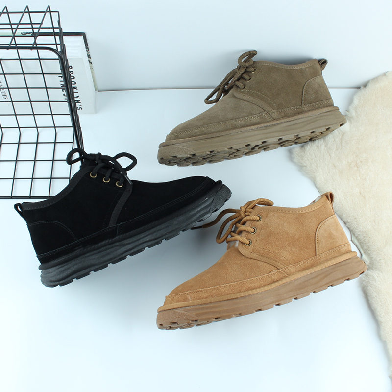 皮毛一体短筒系带雪地靴男冬季低帮加绒加厚羊毛防滑平底雪地棉鞋