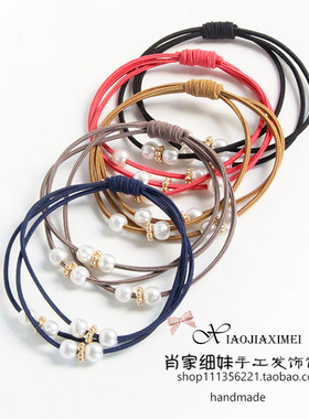森系百搭甜美多层皮筋发圈5根装仿珍珠金色方珠串珠弹力头绳头饰