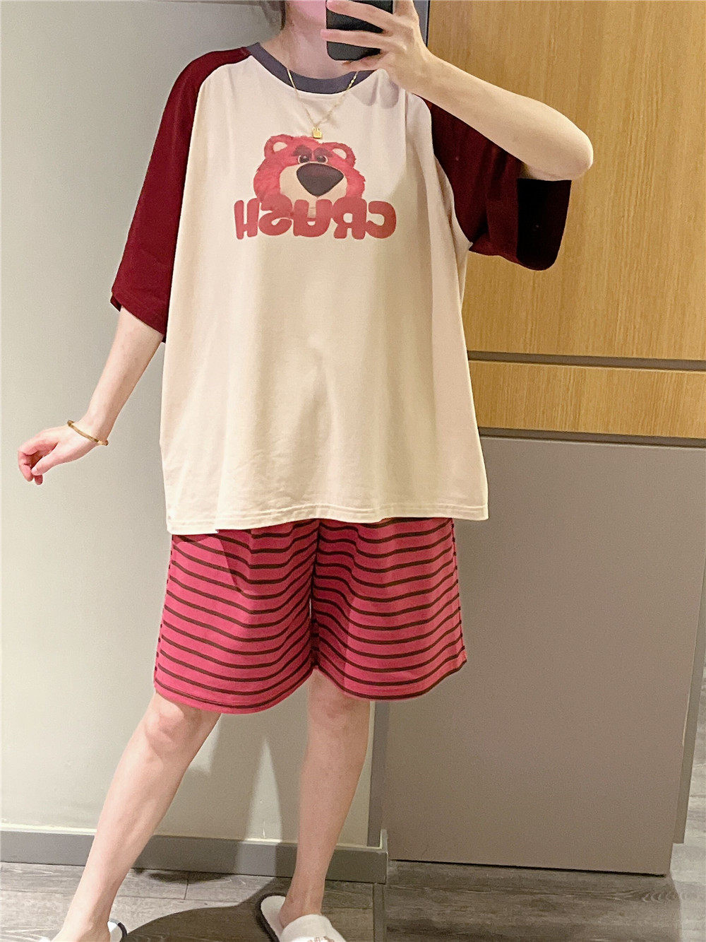 韩版短袖睡衣女薄款纯棉卡通草莓熊家居服大码胖mm200斤三件套装,淘宝优惠券,粉丝福利购,淘宝优惠卷