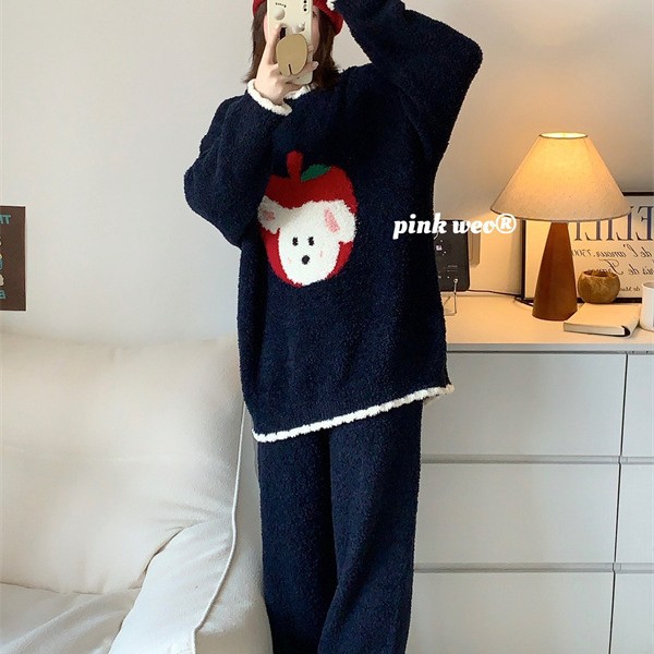 慵懒睡衣女苹果卡通狗狗软绵绵家居服宽松大码保暖加厚半边绒套装 - 图0