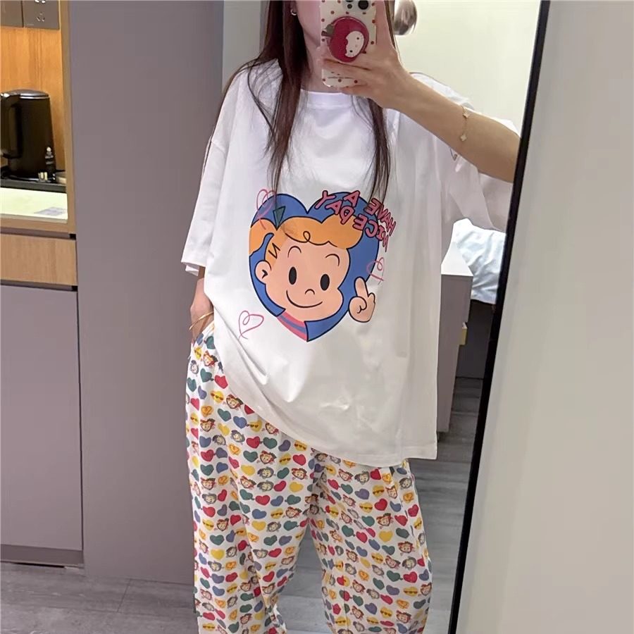 日系短袖睡衣女纯棉原田治女孩印花家居服大码胖mm200斤长裤套装,淘宝优惠券,粉丝福利购,淘宝优惠卷