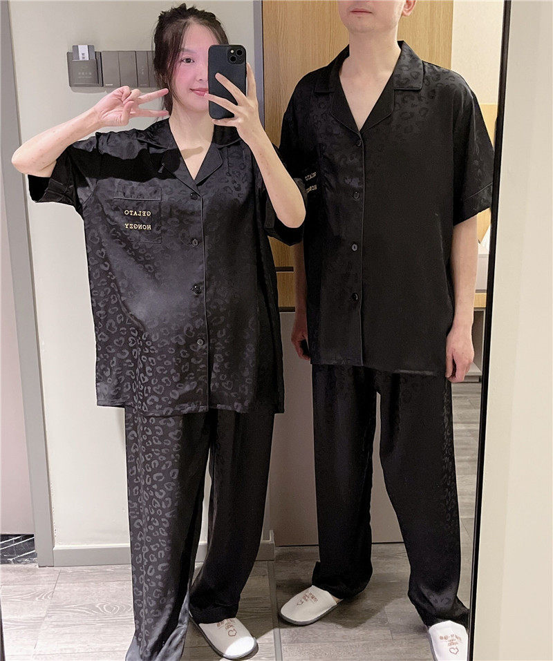 春夏短袖情侣睡衣薄款仿真丝豹纹家居服开衫冰丝大码200斤套装女,淘宝优惠券,粉丝福利购,淘宝优惠卷