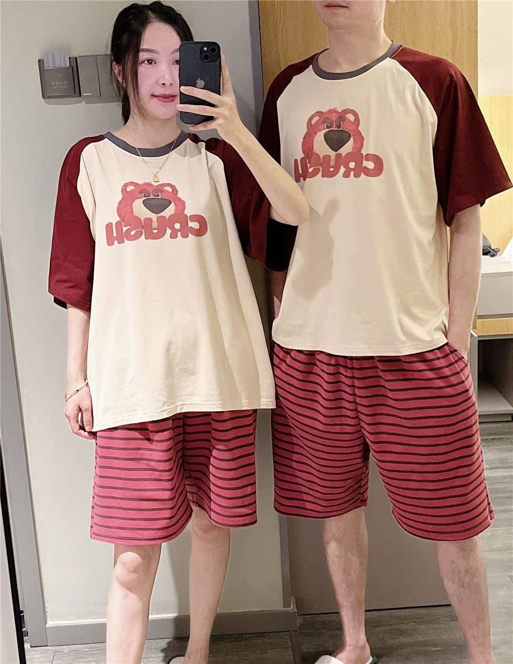 韩版短袖睡衣女薄款纯棉卡通草莓熊家居服大码胖mm200斤三件套装,淘宝优惠券,粉丝福利购,淘宝优惠卷