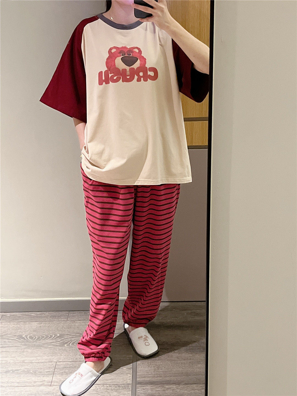 韩版短袖睡衣女薄款纯棉卡通草莓熊家居服大码胖mm200斤三件套装,淘宝优惠券,粉丝福利购,淘宝优惠卷