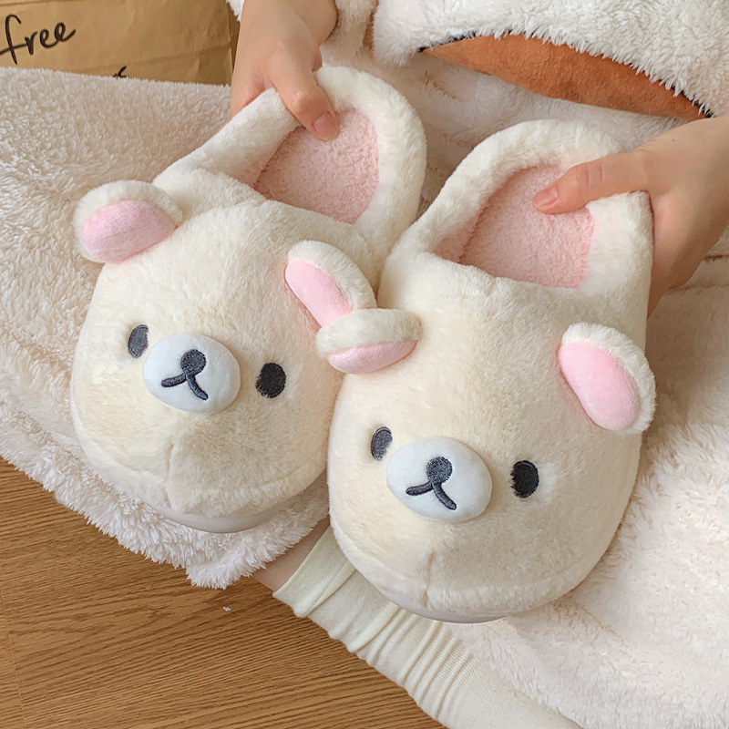 网红可爱轻松熊棉拖鞋女冬外穿男女情侣防滑家居室内保暖棉鞋秋千 - 图2