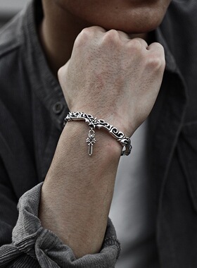 韩版S925银复古藤蔓手镯重工五角星十字架暗黑花纹手环创意手饰潮