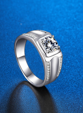 D色莫桑石戒指双排男纯银镀白金情侣结婚简约一克拉仿真钻带证书