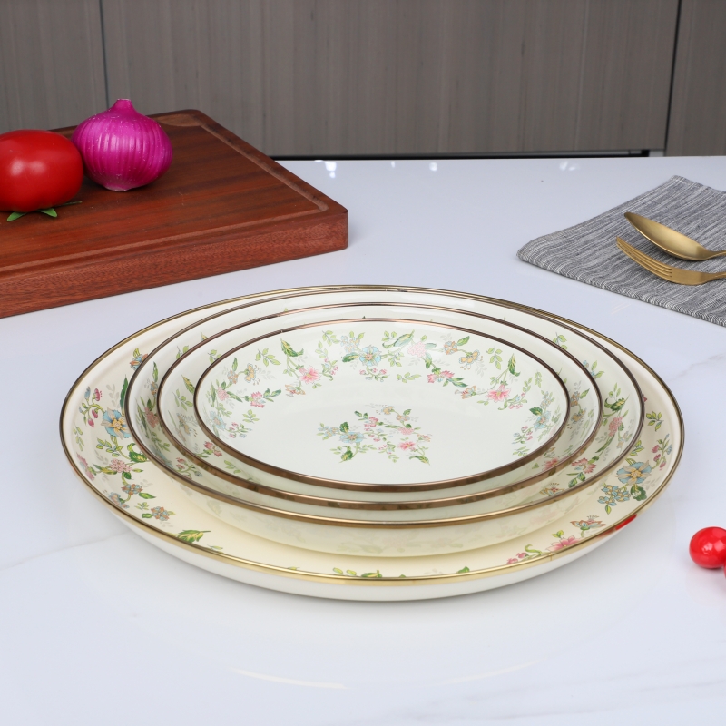特厚搪瓷深盘芳香花搪瓷茶盘家用果盘食品级不锈钢包边菜碟平底盘 - 图0