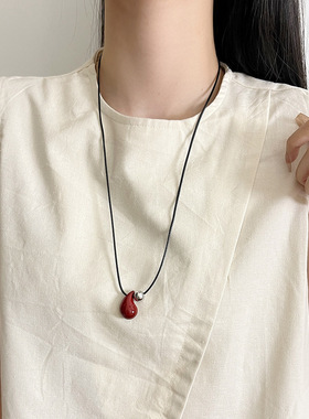 韩国ins风安可拉红水滴吊坠项链女新款高级感长款毛衣链