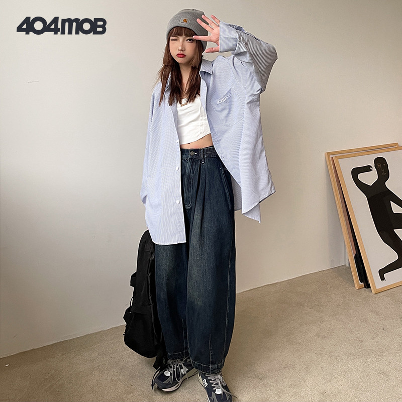 [赵圆媛同款]404MOB复古刺绣条纹长袖衬衫男女ins休闲衬衣外套潮,淘宝优惠券,粉丝福利购,淘宝优惠卷