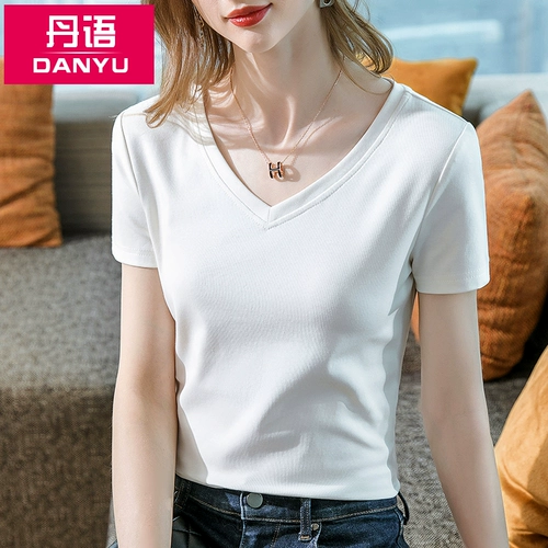 Футболка с коротким рукавом, летняя хлопковая летняя одежда, V-образный вырез, в корейском стиле