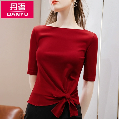 丹语 Осенняя футболка, ремень с бантиком, городской стиль, открытые плечи