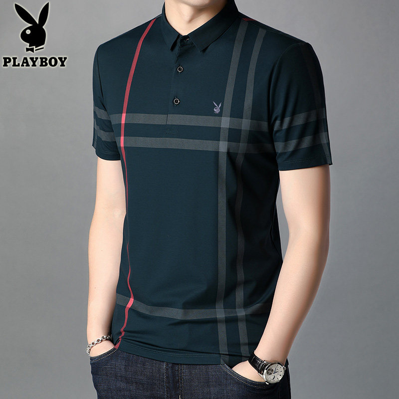 花花公子短袖男冰丝中年男装翻领t playboy辉腾T恤
